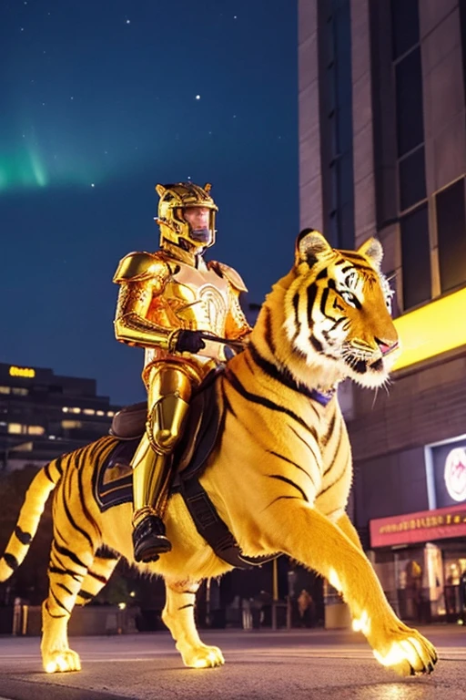 A man wearing full-body golden armor and a golden cyber helmet in the shape of a tiger is holding a sword in the middle of a city at night, illuminated by the aurora.