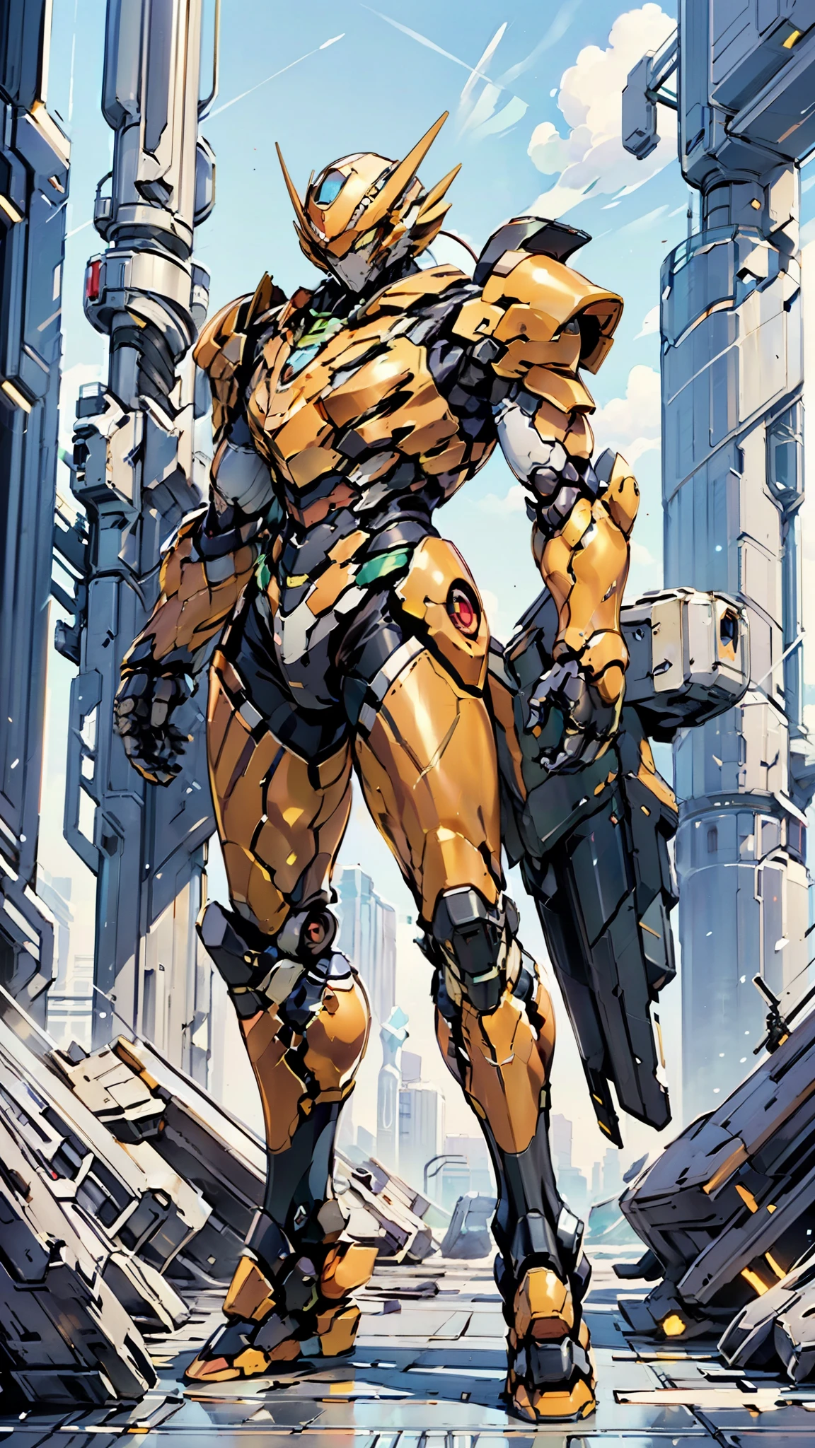 A man wearing a full-face helmet, a fantasy-style biomecha armored combat suit, green eyes, a composite layered chest armor, fully enclosed shoulder guards, matching arm and leg guards, the belt is adorned with dragon claw grasping orbs, (primarily black with red accents), the design balances heavy with agility, a high-tech biological armor, (Wolf concept Armor, stand on the top of a skyscraper in a futuristic sci-fi city), this character embodies a finely crafted fantasy-surreal style armored hero in anime style, exquisite and mature manga art style, (element, plasma, energy, the armor glows), ((male:1.5)), metallic, real texture material, dramatic, high definition, best quality, highres, ultra-detailed, ultra-fine painting, extremely delicate, professional, perfect body proportions, golden ratio, anatomically correct, symmetrical face, extremely detailed eyes and face, high quality eyes, creativity, RAW photo, UHD, 32k, Natural light, cinematic lighting, masterpiece-anatomy-perfect, masterpiece:1.5