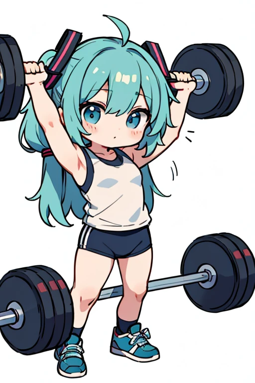 Chibi Miku, full body, weightlifting outfit. Lifting dumbbells. White background.