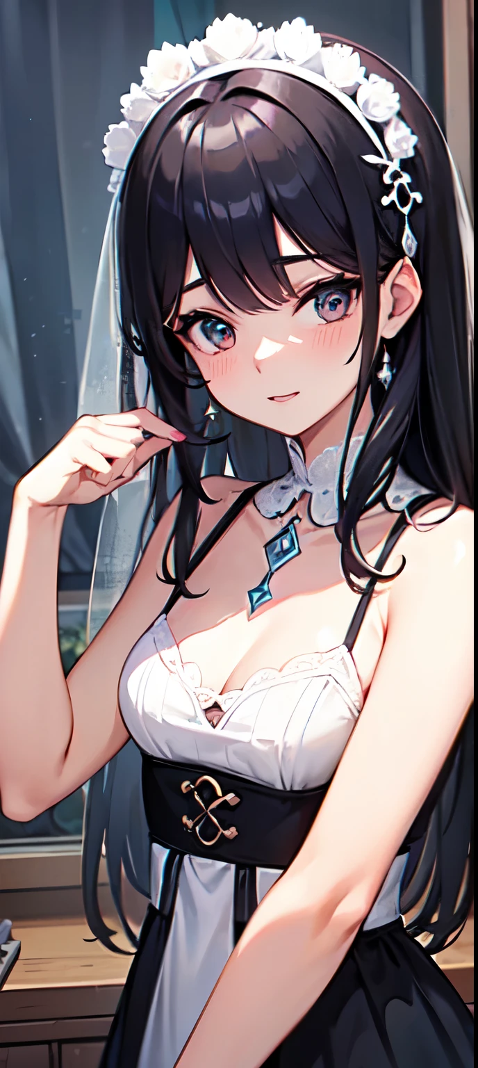 (Obra maestra), mejor calidad, of the highest quality, Fondo de pantalla CG Unity 8K altamente detallado, original, high resolution, (profundidad de campo: 1.5), fidelidad: 1.3, senos, novia portrait style, 1 chica, cortinas, velo , bridal velo, vestido de novia, cortinas, joyas, solo, pendientes, dientes, novia, negro_cabello