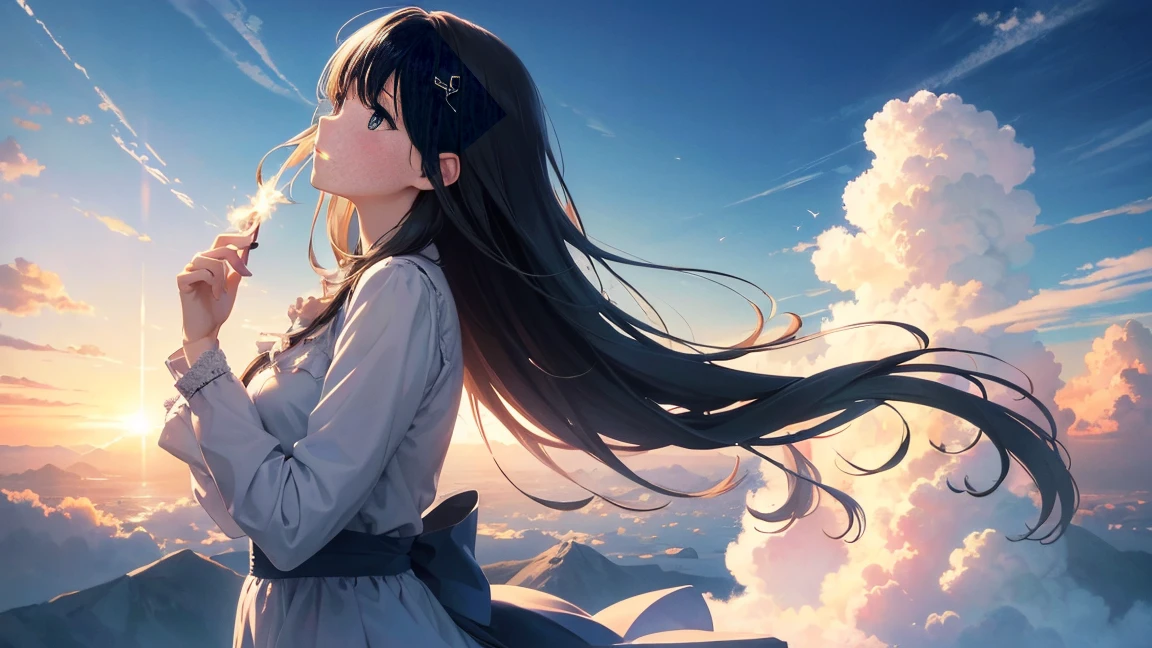 Absurd, High resolution, (Official Art, beautifully、beautiful:1.2), close,
Bright sky, A vast world, girl, stare, Awe-inspiring expressions, Distant Horizon, cloud, High Hill, Natural Beauty, Inspiration, Light effects,