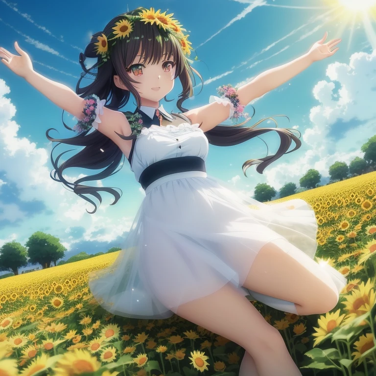 Anime girl in the field of daisies with arms outstretched, anime moe art style, Smooth Anime CG Art, Anime visuals of cute girls, Official art, official artwork, Rin, Beautiful sunflower anime girl, anime style 4 k, Anime! 4K, Anime! 4 k, Beautiful anime girl, High quality anime art style, Anime Best Girl