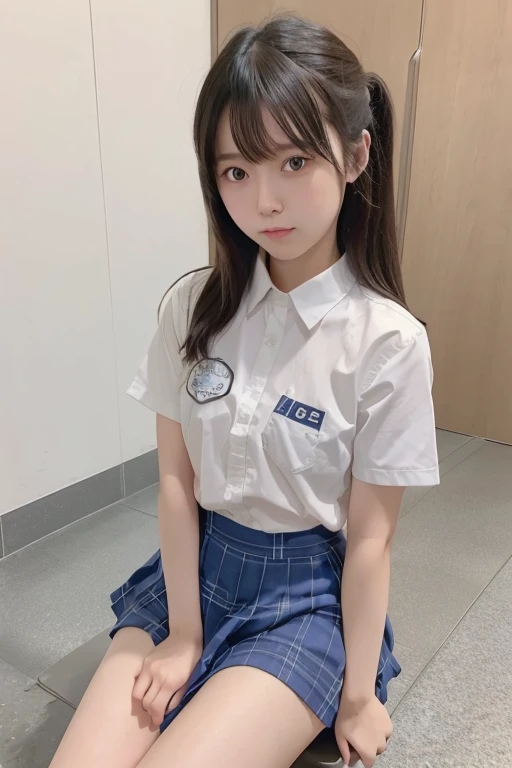 Public toilets　Sit on the toilet　Arranged in captivity by enemy country　M-shaped legs　Spread your legs wide　Hold your crotch　Wide open shirt at the chest　Flat chest　(8k),(masterpiece),(Japanese),(8-year-old girl),((Innocent look)),((Childish)),From the front and above,cute,Innocent,Kind eyes,White shirt,Short sleeve,uniform　Blue checked short skirt,セミロンG,Hair blowing in the wind,Black Hair,Somewhat strong wind　Public toilets　Sit on the toilet　8x_NMKD-Super Scale_150000_G),(8k, super high quality,highest quality),(masterpiece:1.5),(Put your arms behind your back:1.5),(Knee-high socks),Arranged in captivity by enemy countryする日本の女子学生