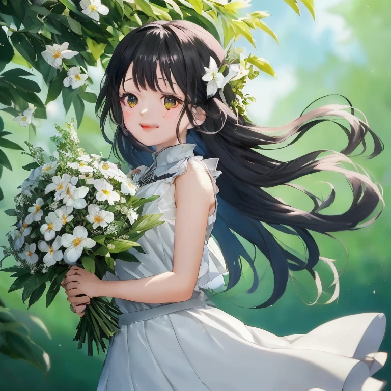Anime girl with long black hair holding bouquet of flowers, guweiz on pixiv artstation, guweiz, guweiz on artstation pixiv, anime moe art style, with flowers, artwork in the style of guweiz, in dress, hestia, Anime visuals of cute girls, Cute anime waifu in a nice dress, Rin