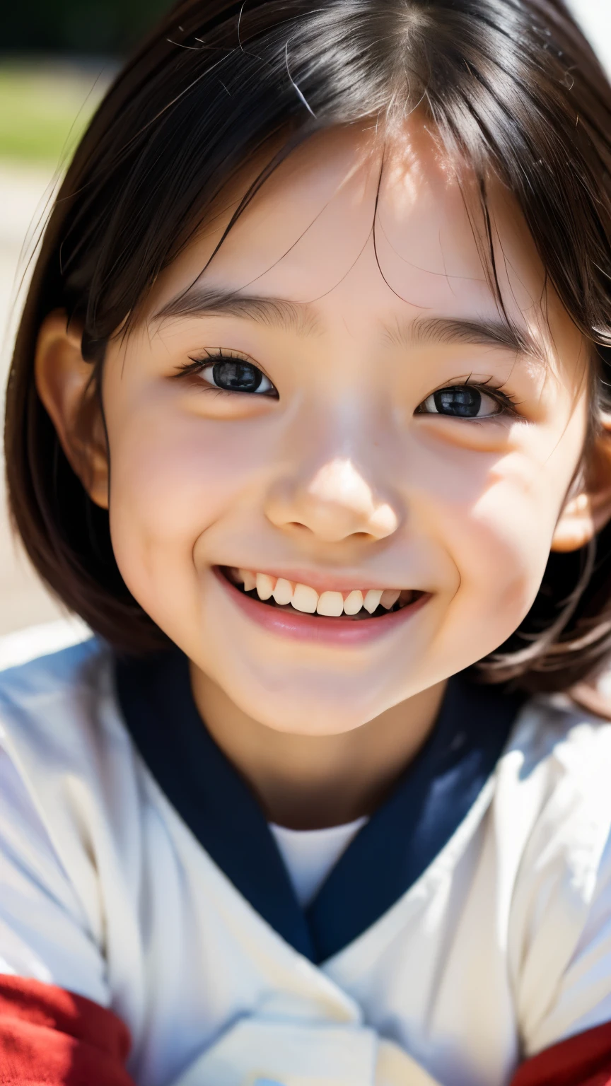 lens: 135mm f1.8, (highest quality),(RAW Photos), (Tabletop:1.1), (Beautiful 6 year old Japanese girl), Cute face, (Deeply chiseled face:0.7), (freckles:0.4), dappled sunlight, Dramatic lighting, (Japanese School Uniform), (On campus), shy, (Close-up shot:1.2), (smile),, (Sparkling eyes)、(sunlight)