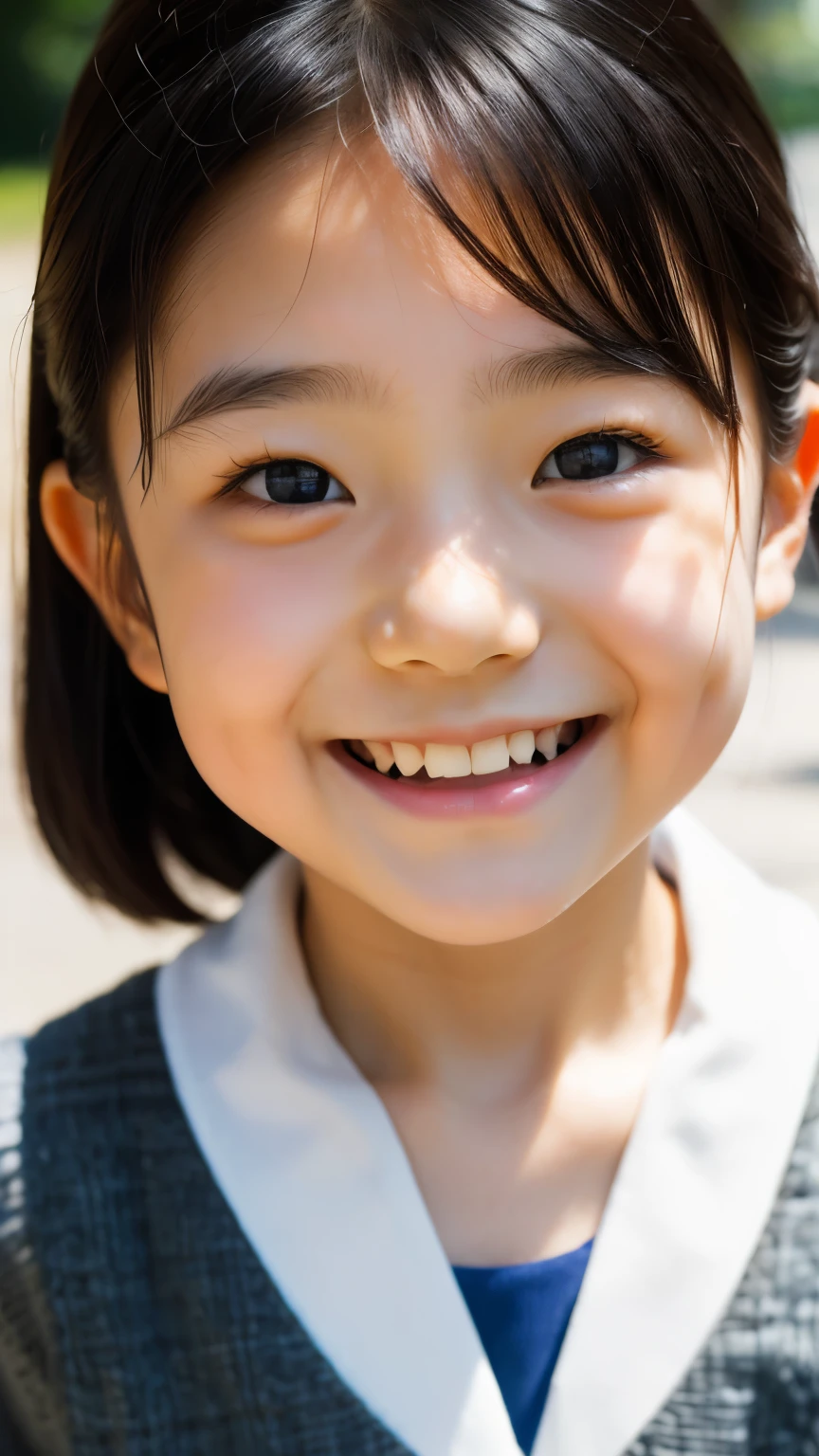 lens: 135mm f1.8, (highest quality),(RAW Photos), (Tabletop:1.1), (Beautiful 6 year old Japanese girl), Cute face, (Deeply chiseled face:0.7), (freckles:0.4), dappled sunlight, Dramatic lighting, (Japanese School Uniform), (On campus), shy, (Close-up shot:1.2), (smile),, (Sparkling eyes)、(sunlight)