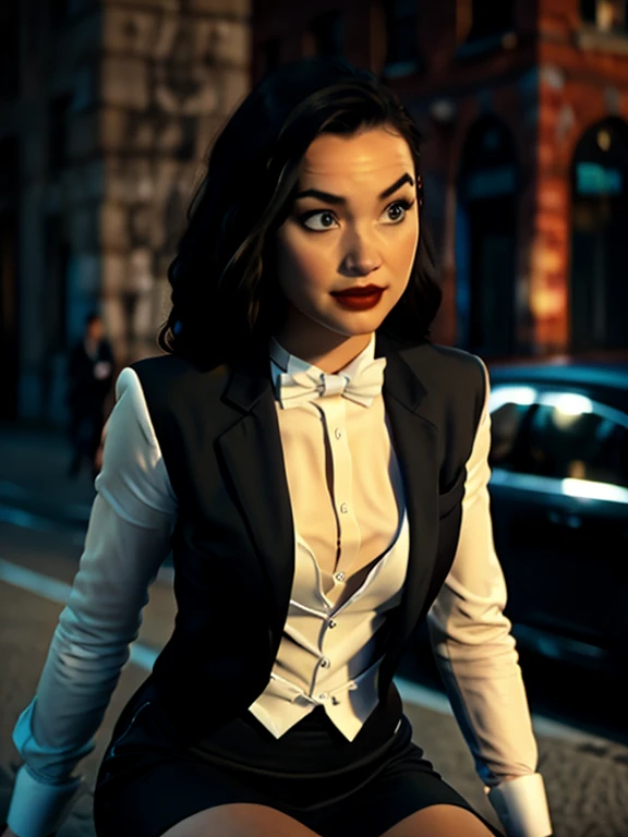 Wonderfull day, Zatanna, realistic, realism, photorealism, photo-realistic, high contrast, (photorealistic:1.4), 8k high definition detailed realistic, (best quality, masterpiece:1.2), photon mapping, radiosity, physically-based rendering, best quality, highly detailed, 1girl, anaa, full body, Jewelry, suit and bowtie, (((tuxedo))), silk dress shirt, shirt and bowtie,big chest (((bowtie))), ((blazer)), ((suit jacket)), ((waistcoat)), ((bodycon miniskirt)), (((pencil skirt))), pantyhose, tights, stockings, pocket square, tailored suit, (((cufflinks))), smile, full body, high heels, white gloves, hot body , gorgeous breast, huge breasts, ((daylight )) nyc Streets in background, (((sexy fat thighs))) , full body, knee sit