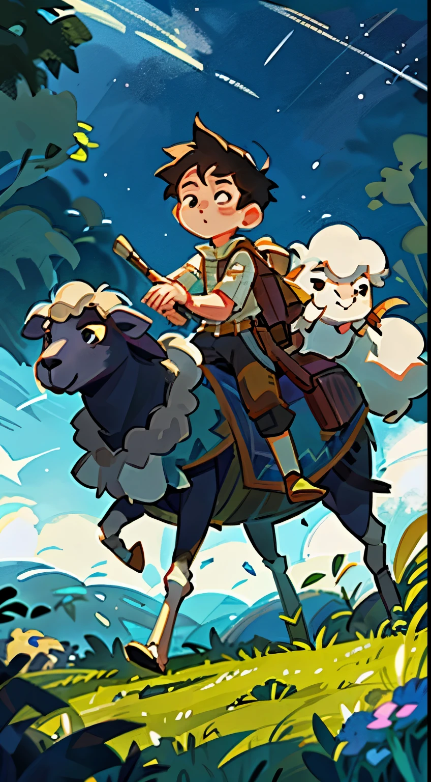 Prairie, a boy riding on the back of a sheep, knight, night, starry