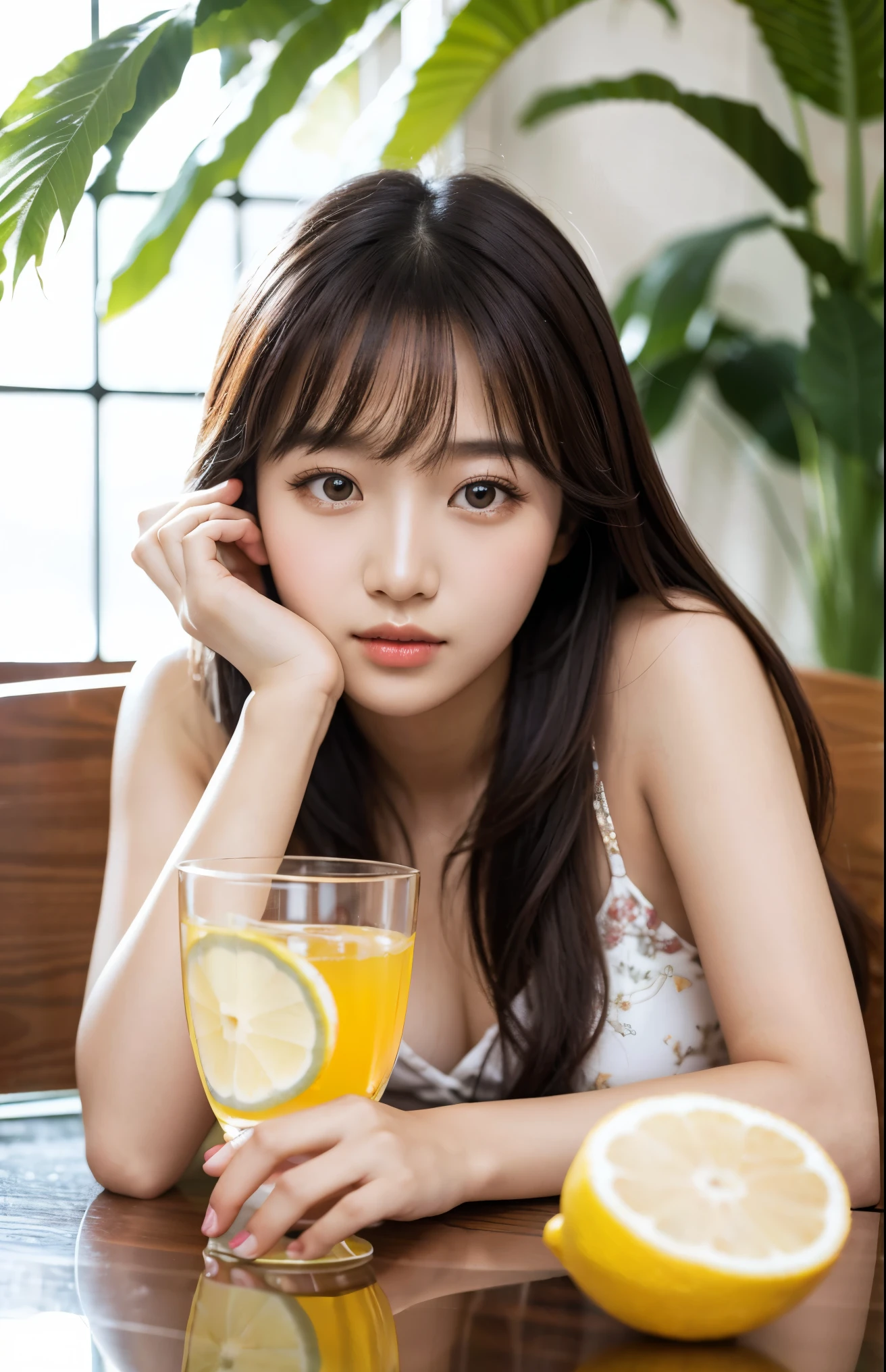 realistic photo of a beautiful Korean girl, sitting on a glass glass containing lemon tea decorated with lemon slices, behind the glass glass on the table. real skin texture.