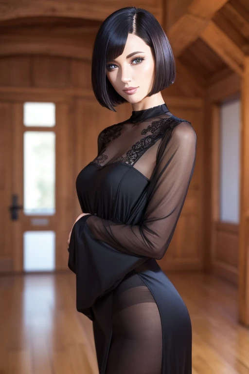 Formulaire, portant une robe noire soyeuse, high quality, brown bob haircut, yeux marrons,