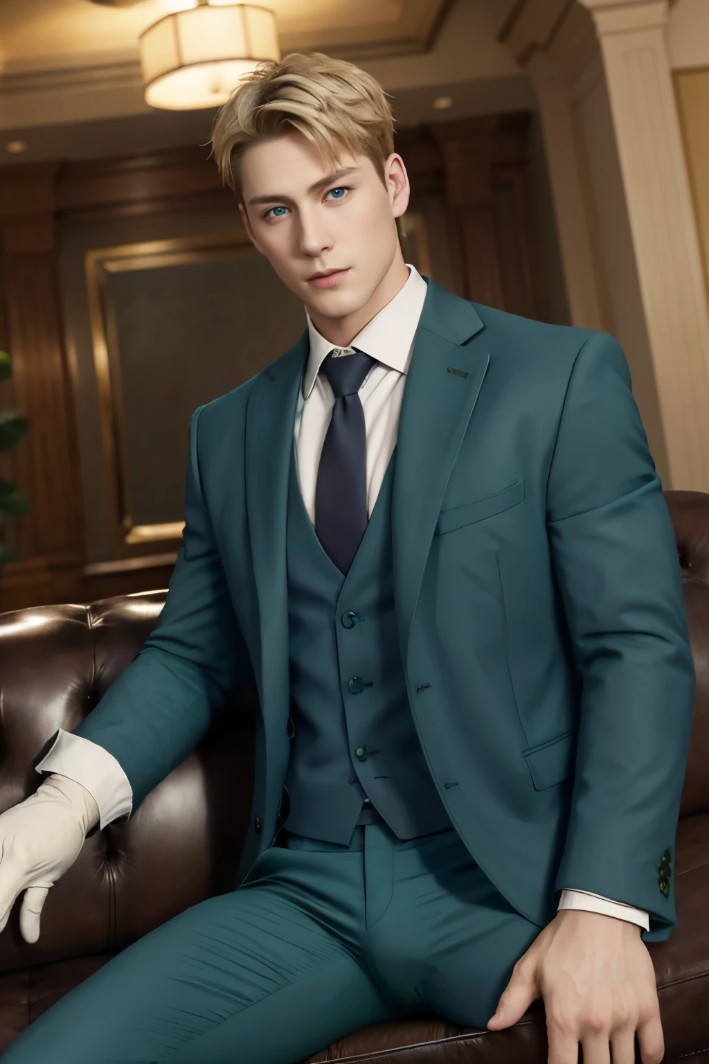 loid_forger, solo, looking at viewer, short hair, blue eyes, blonde hair, shirt, gloves, 1boy, sitting, jacket, white shirt, male focus, black gloves, pants, indoors, spread legs, open jacket, muscular, formal, abs, cat, suit, pectorals, big huge bulge, couch, green jacket, unbuttoned, green pants, 