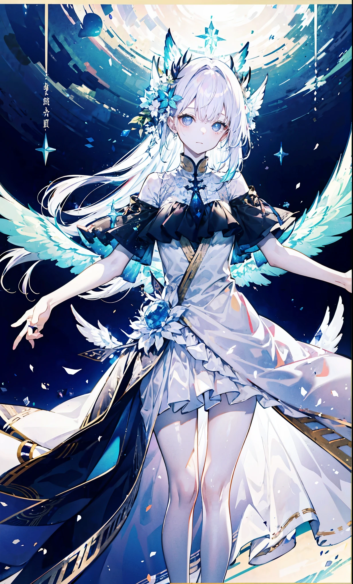 The angel is depicted with a pale and glowing cot has heterochromatic eyes.、Its skin seems to radiate an otherworldly glow。he、Symbol of divinity、Decorated with a pair of shining fair wings。This scene is so wonderful.、它捕捉了這些天體的美麗和mystery。Angelic、pale、glow、color、shine、Rare treasures、Brilliance、shine、fair、wingspan、Sacredness、fair、charming、Beauty、mystery。
