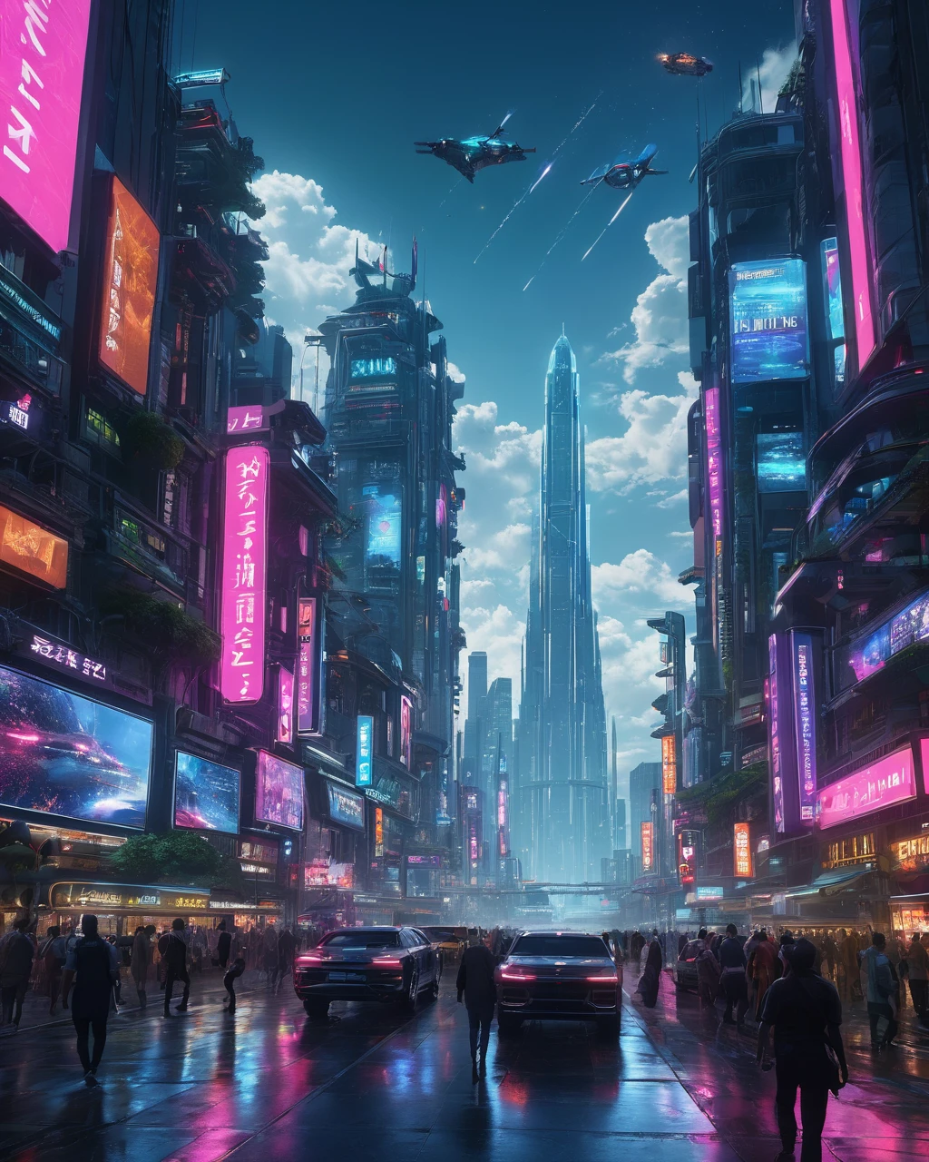 (best quality,4k,8k,highres,masterpiece:1.2),ultra-detailed,(realistic,photorealistic,photo-realistic:1.37),retro-futuristic,robots,cityscape,flying cars,dystopian future,advanced technology,vibrant colors,vintage aesthetic,people dressed in futuristic fashion,impressive architectural structures,hovering platforms,lush greenery,dominated by sleek metal and glass,neon lights illuminating the city,powerful searchlights piercing through the night sky,intricate vehicle designs,imposing skyscrapers reaching the clouds,immaculate street cleanliness,giant holographic advertisements,unique transportation systems,bustling crowd of people,utopian atmosphere with a hint of underlying tension,impressive engineering feats,smooth and shiny surfaces,endless sky filled with aircrafts,large digital billboards displaying futuristic artwork,lively atmosphere with sounds of bustling streets and futuristic technologies,prominent artist signatures in the style of Craig Mullins, Ruan Jia, and Emil Melmoth.