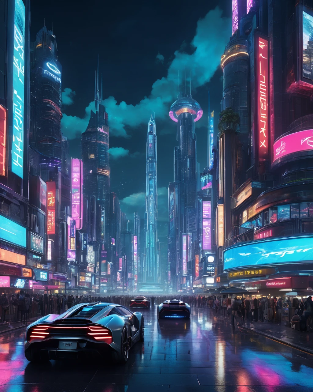 (best quality,4k,8k,highres,masterpiece:1.2),ultra-detailed,(realistic,photorealistic,photo-realistic:1.37),retro-futuristic,robots,cityscape,flying cars,dystopian future,advanced technology,vibrant colors,vintage aesthetic,people dressed in futuristic fashion,impressive architectural structures,hovering platforms,lush greenery,dominated by sleek metal and glass,neon lights illuminating the city,powerful searchlights piercing through the night sky,intricate vehicle designs,imposing skyscrapers reaching the clouds,immaculate street cleanliness,giant holographic advertisements,unique transportation systems,bustling crowd of people,utopian atmosphere with a hint of underlying tension,impressive engineering feats,smooth and shiny surfaces,endless sky filled with aircrafts,large digital billboards displaying futuristic artwork,lively atmosphere with sounds of bustling streets and futuristic technologies,prominent artist signatures in the style of Craig Mullins, Ruan Jia, and Emil Melmoth.