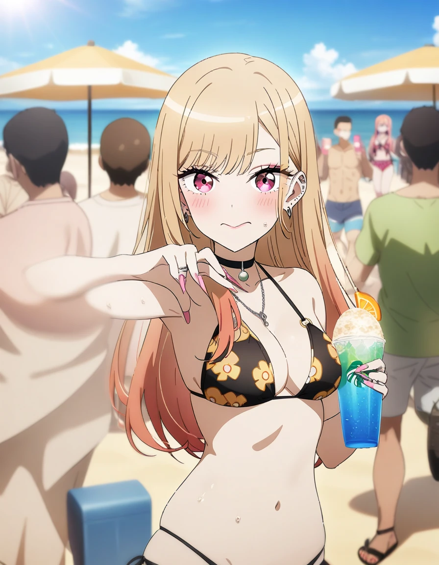 1girl, kitagawa marin, sono bisque doll wa koi wo suru, bikini, beach, beach parasol, kneeling, ready drink in one hand, crowd, closed mouth, sexy pose, key visual, highly detailed, looking at viewer, full body, masterpiece, best quality, very aesthetic, absurdres