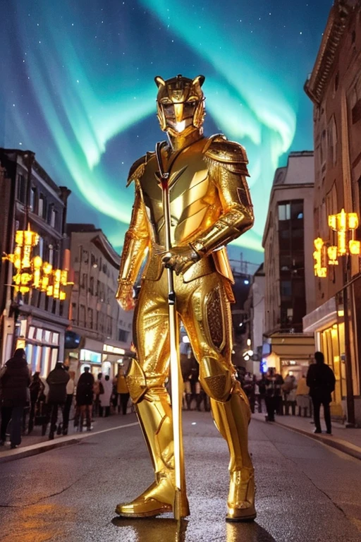 A man wearing full-body golden armor and a golden cyber helmet in the shape of a tiger is holding a sword in the middle of a city at night, illuminated by the aurora.
