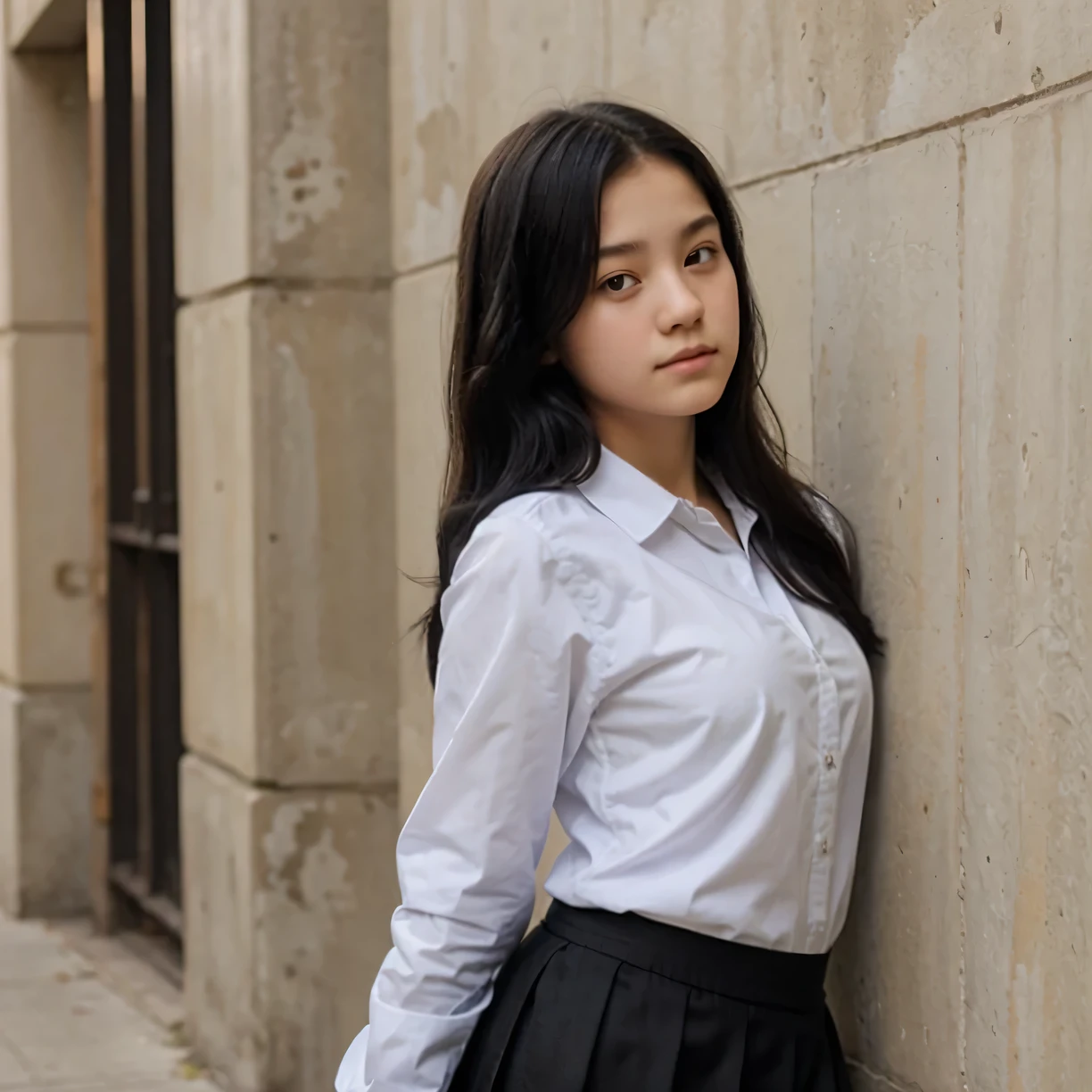 16 years old short girl, tucked shirt, long skirt, long sleeves, black hair, leaning 