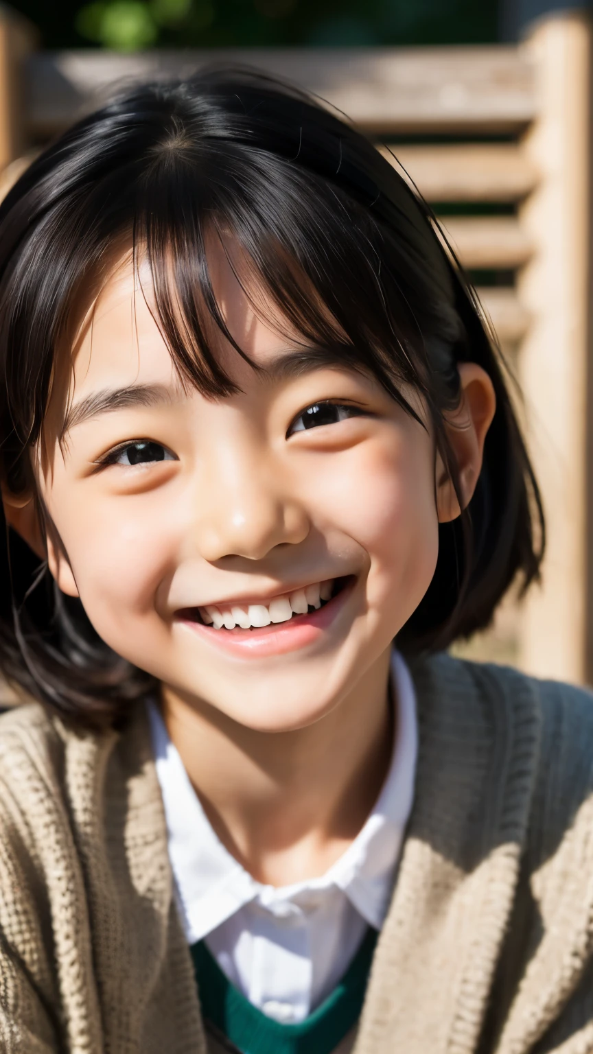 lens: 135mm f1.8, (highest quality),(RAW Photos), (Tabletop:1.1), (Beautiful 7 year old Japanese girl), Cute face, (Deeply chiseled face:0.7), (freckles:0.4), dappled sunlight, Dramatic lighting, (Japanese School Uniform), (On campus), shy, (Close-up shot:1.2), (smile),, (Sparkling eyes)、(sunlight)