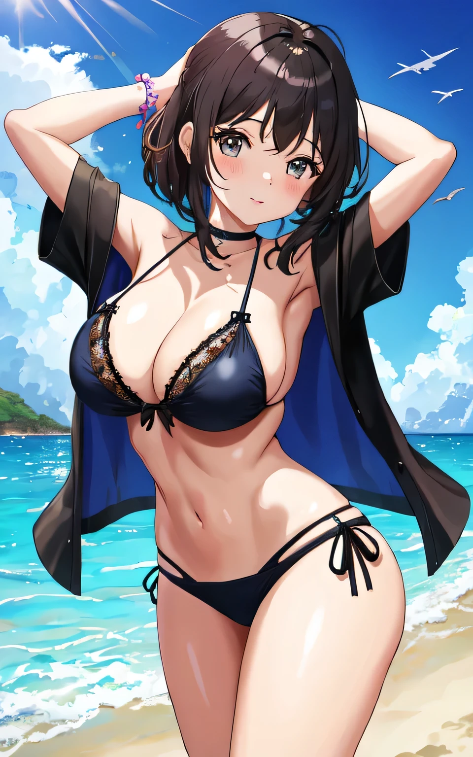 A  with big breasts, in a lace bikini swimsuit, on the beach,