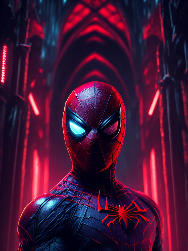 gloomy portrait of Bloody Spider-Man from Marvel with intricate angular cybernetic implants inside a brutalist building, gothic brutalist cathedral, cyberpunk, award-winning photo, bokeh, neon lights, cybernetic limb