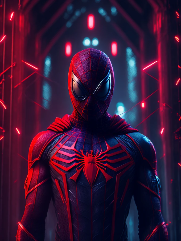 gloomy portrait of Bloody Spider-Man from Marvel with intricate angular cybernetic implants inside a brutalist building, gothic brutalist cathedral, cyberpunk, award-winning photo, bokeh, neon lights, cybernetic limb