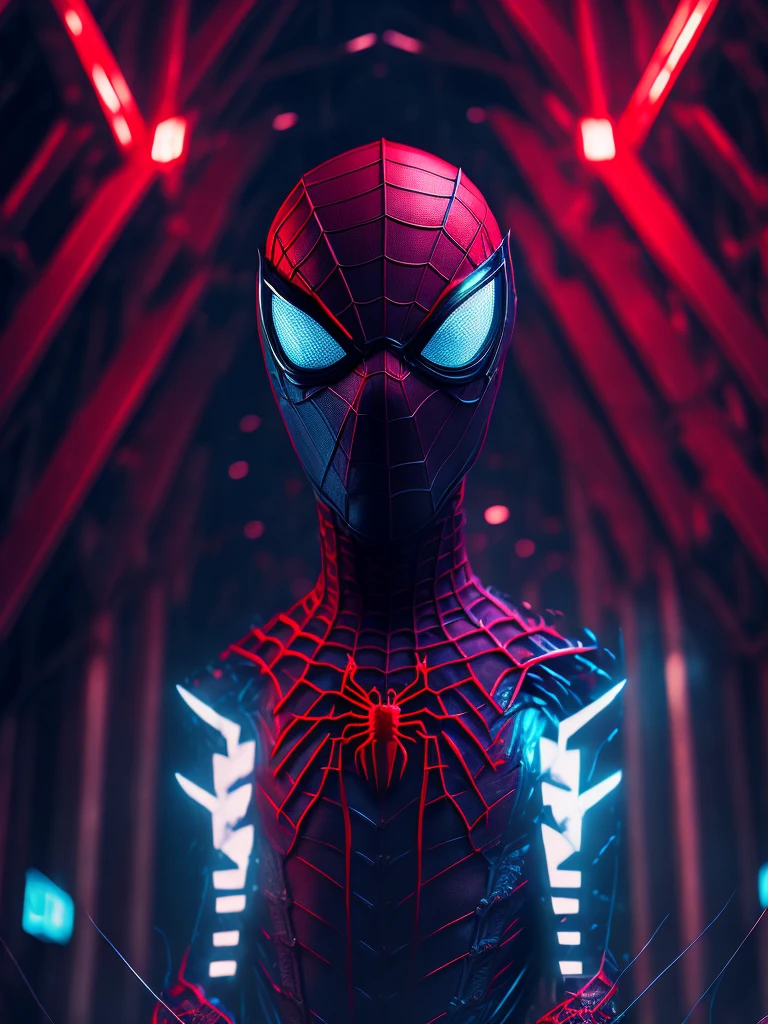 gloomy portrait of Bloody Spider-Man from Marvel with intricate angular cybernetic implants inside a brutalist building, gothic brutalist cathedral, cyberpunk, award-winning photo, bokeh, neon lights, cybernetic limb