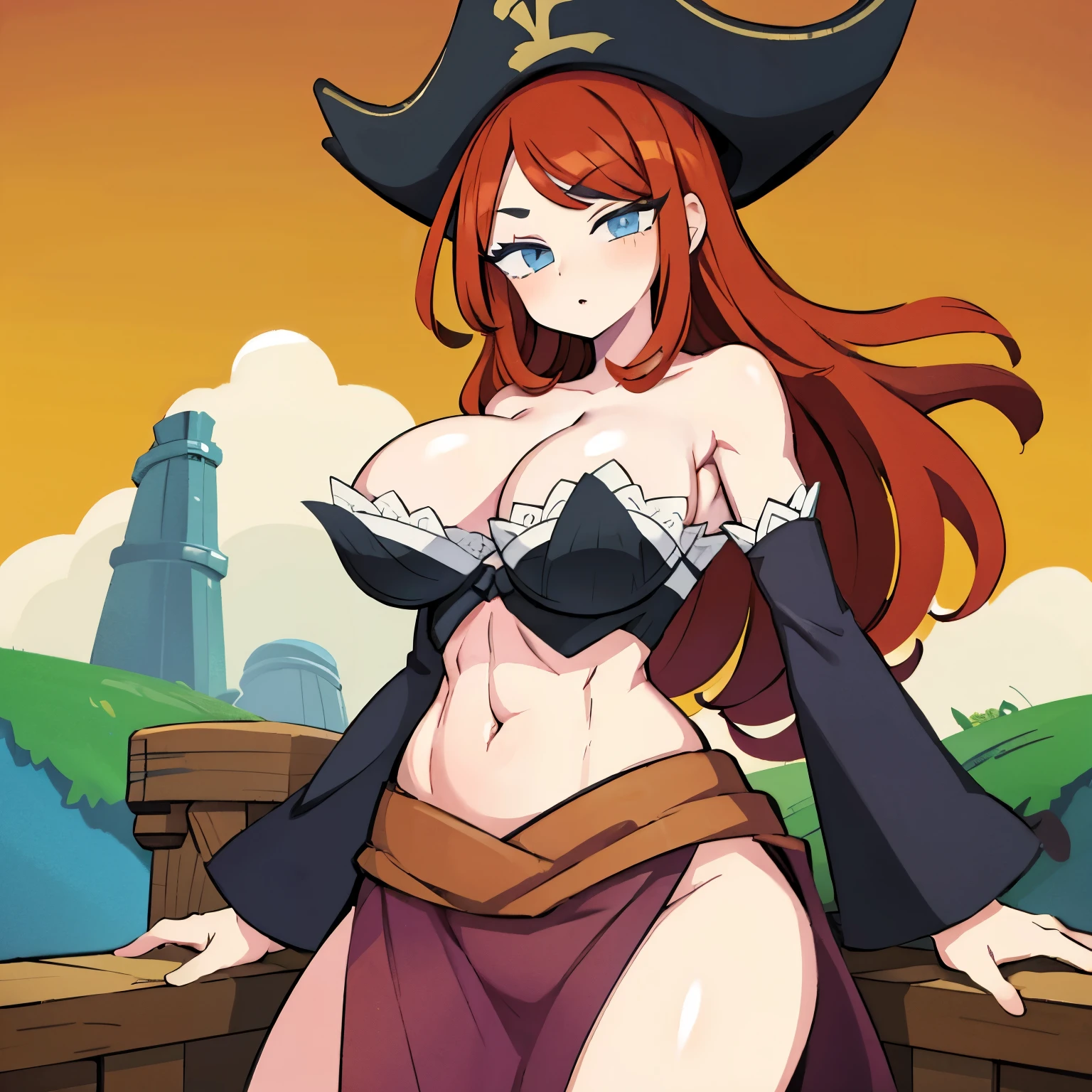 woman in torn clothes, She has a jiggly, fat, round belly,red long hair, blue eyes, Pirate hat, bra, huge breasts, navel, huge breasts,Abs,