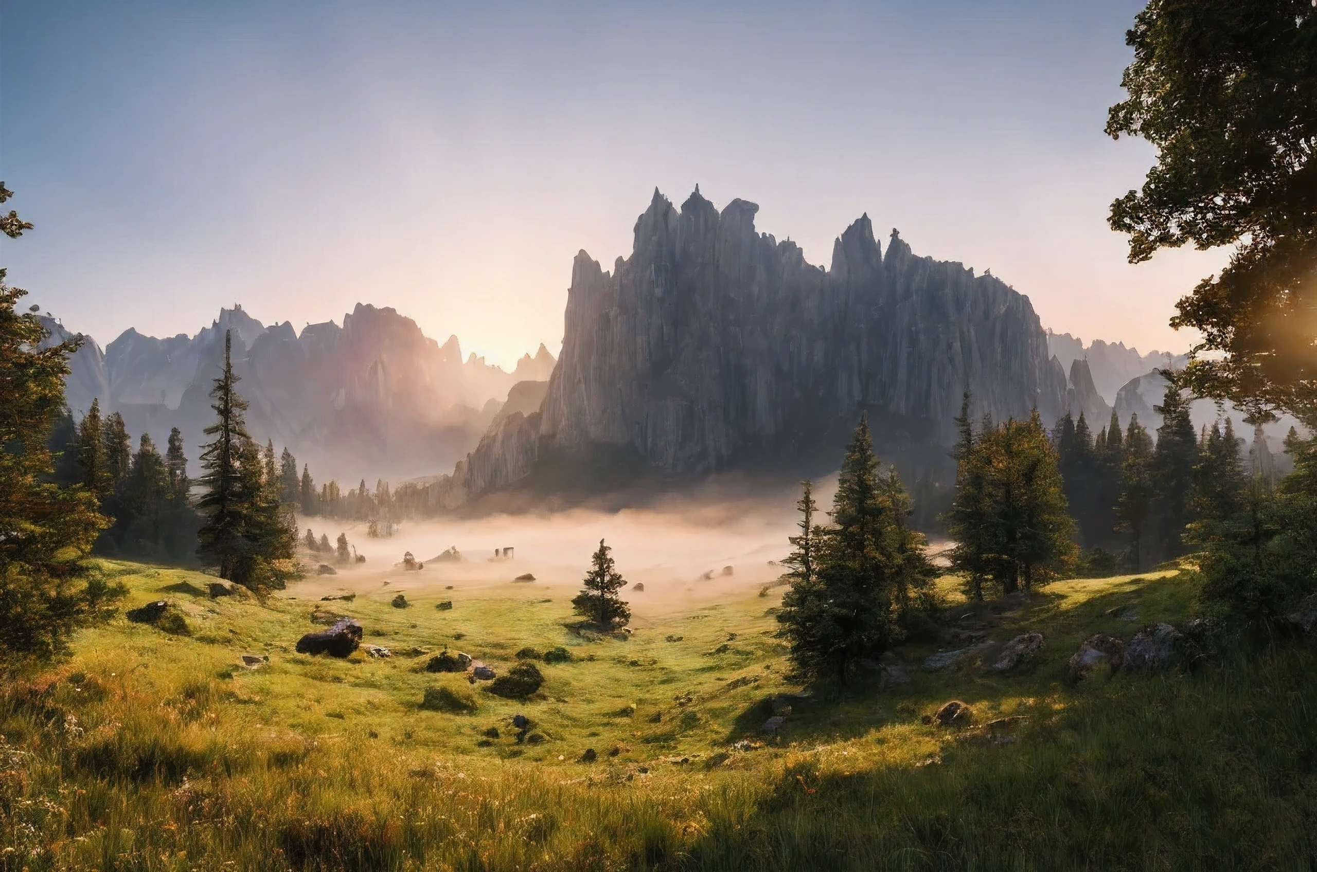 Create a rugged landscape of valleys and mountains., Shrouded in thick fog, Less sunlight, Has twisted trees and thick trunks, The undergrowth resembles grass and grass, In a hyperrealistic landscape, In dead flowers, 4k, Cinema lighting, natural light, granularity, Cinema lighting, attention to detail, photorealistic, photorealisticistic, volumetric lighting and shading, 4k HD matte digital painting, Stunning 8K images