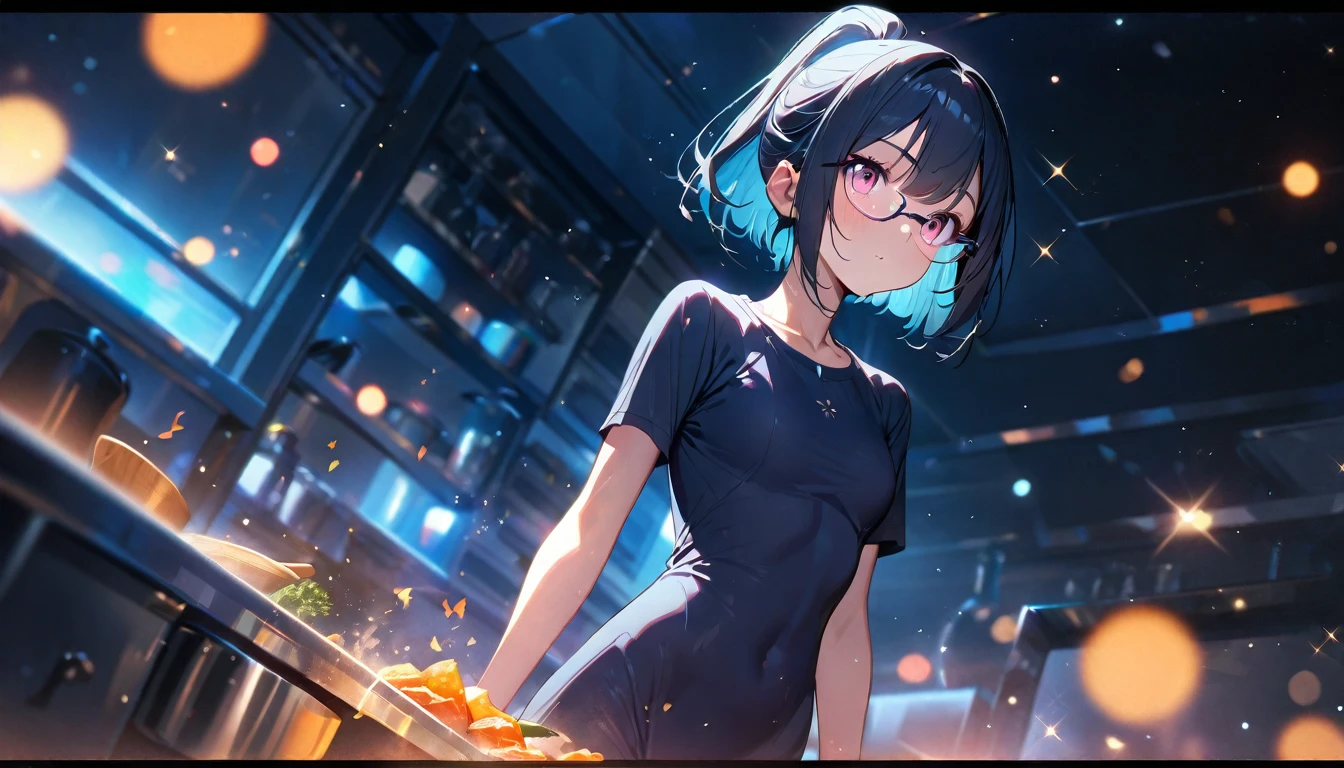 (best quality:1.2, top quality, highest resolution:1.2, masterpiece:1.3, high quality, high res, 4k), (visual effects), depth of field, [sparkle sparkle], bokeh, soft colors, [full body shot], [detailed] ((one girl, skinny body,  size, short hair, high ponytail hairstyle, dark blue outer hair, (cyan inner hair), pink eyes, wears contact glasses)). (cooking in the kitchen) 