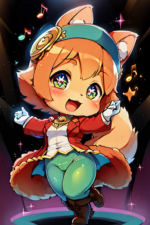 side-by-side, boy, furry, bodyfur, blazer, bottomless, gloves, boots, chibi, sparkling eyes, idol, dancing, singing ADDCOMM green tights squirrel, ADDCOL blue tights cat