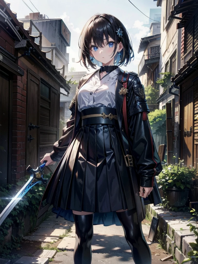 whole body, long blue great sword, Ruins, tech boots, black jacket, samurai, school_uniform, absurdres, RAW photo, extremely delicate and beautiful, masterpiece, Best Quality, ultra high resolution, 32k, hyperrealistic, ultra-detailed, detailed description, pale skin, 20 years old, detailed beautiful face and eyes, tearful mole, earring, Colossal tits, short medium hair, wavy hair,