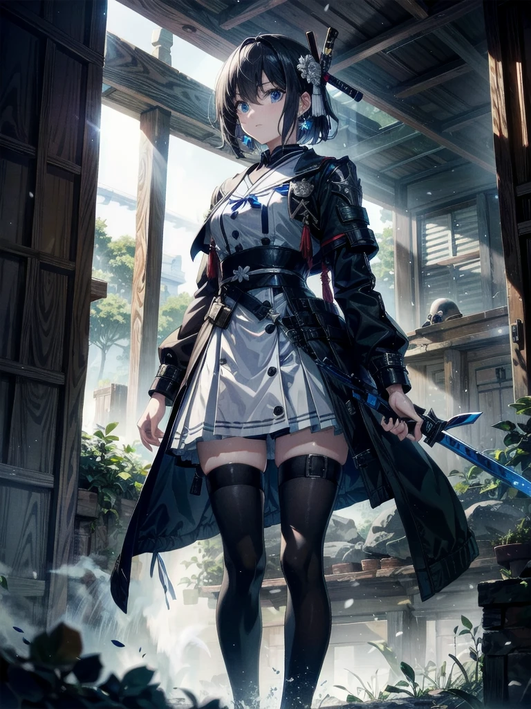 whole body, long blue great sword, Ruins, tech boots, black jacket, samurai, school_uniform, absurdres, RAW photo, extremely delicate and beautiful, masterpiece, Best Quality, ultra high resolution, 32k, hyperrealistic, ultra-detailed, detailed description, pale skin, 20 years old, detailed beautiful face and eyes, tearful mole, earring, Colossal tits, short medium hair, wavy hair,