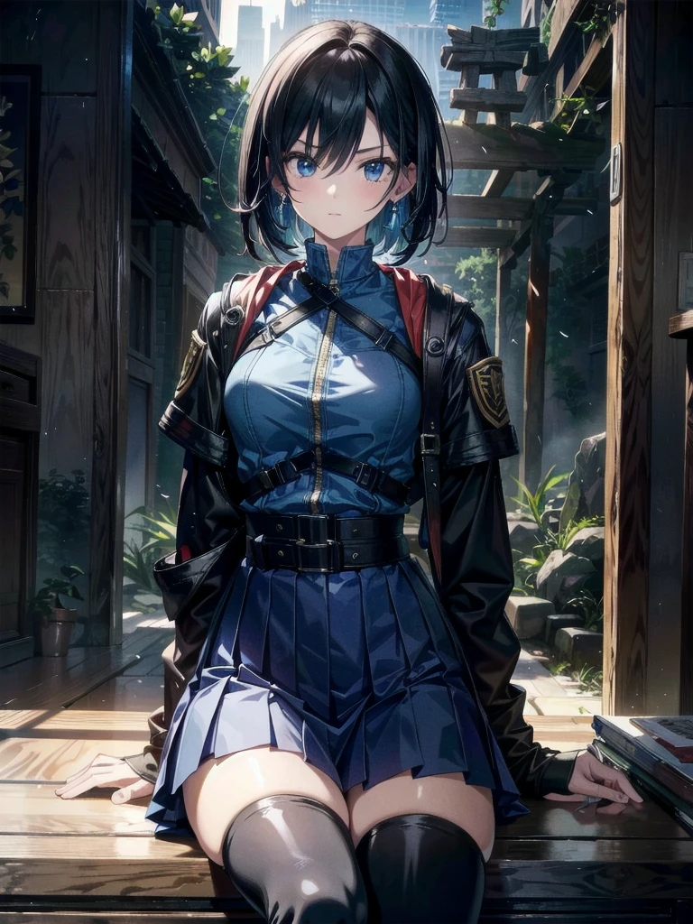 whole body, long blue great sword, Ruins, tech boots, black jacket, samurai, school_uniform, absurdres, RAW photo, extremely delicate and beautiful, masterpiece, Best Quality, ultra high resolution, 32k, hyperrealistic, ultra-detailed, detailed description, pale skin, 20 years old, detailed beautiful face and eyes, tearful mole, earring, Colossal tits, short medium hair, wavy hair,