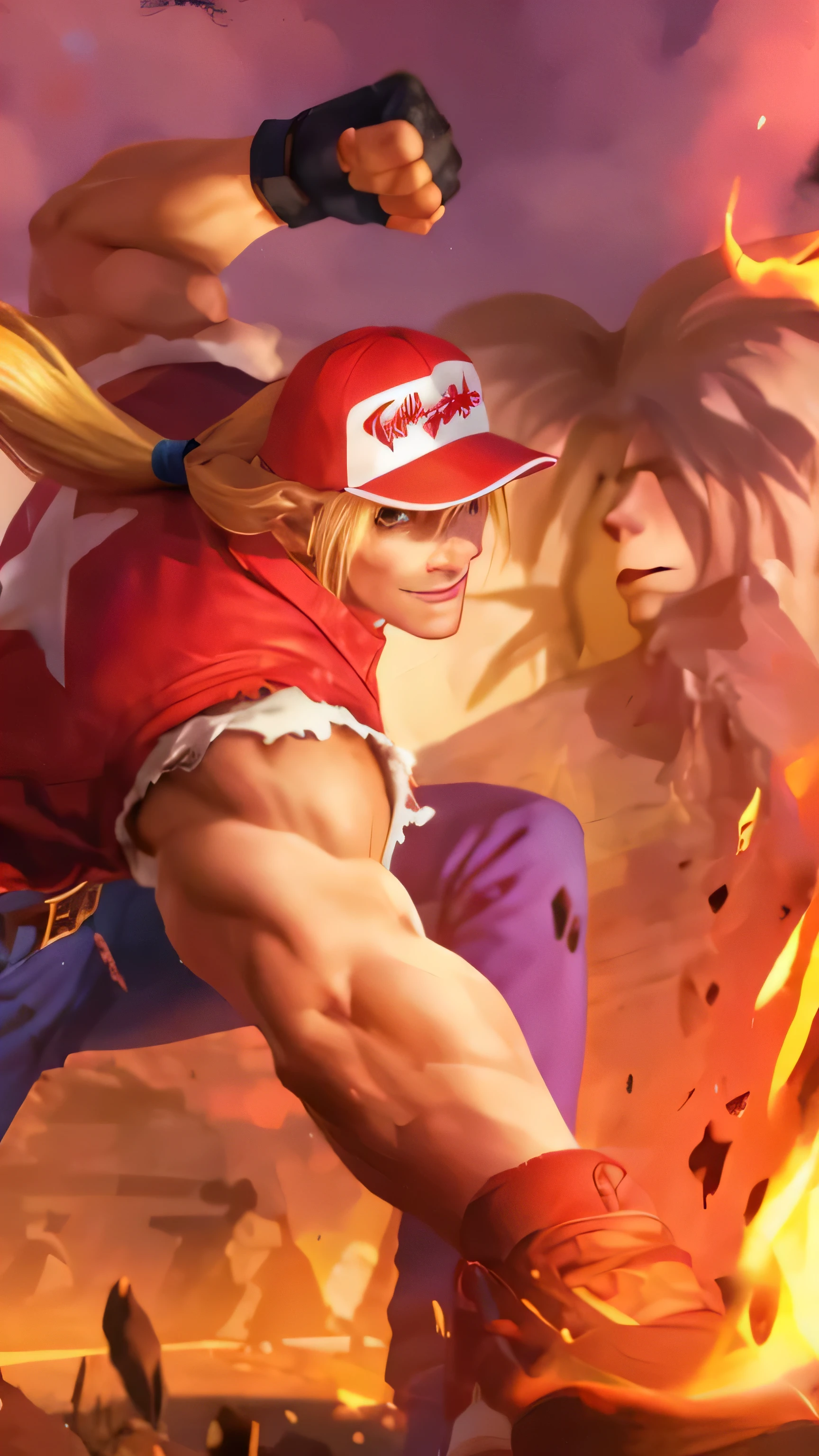 TerryBogard, red vest, white sleeveless t-shirt, blonde hair, ponytail, denim pants, red sneakers, belt, fingerless gloves, red trucker cap
masterpiece, best quality, absurdres, mount rushmore, looking at viewer, smile,