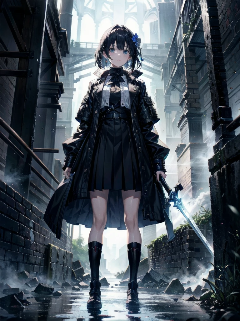 whole body, long blue great sword, Ruins, tech boots, black jacket, samurai, school_uniform, absurdres, RAW photo, extremely delicate and beautiful, masterpiece, Best Quality, ultra high resolution, 32k, hyperrealistic, ultra-detailed, detailed description, pale skin, 20 years old, detailed beautiful face and eyes, tearful mole, earring, Colossal tits, short medium hair, wavy hair,