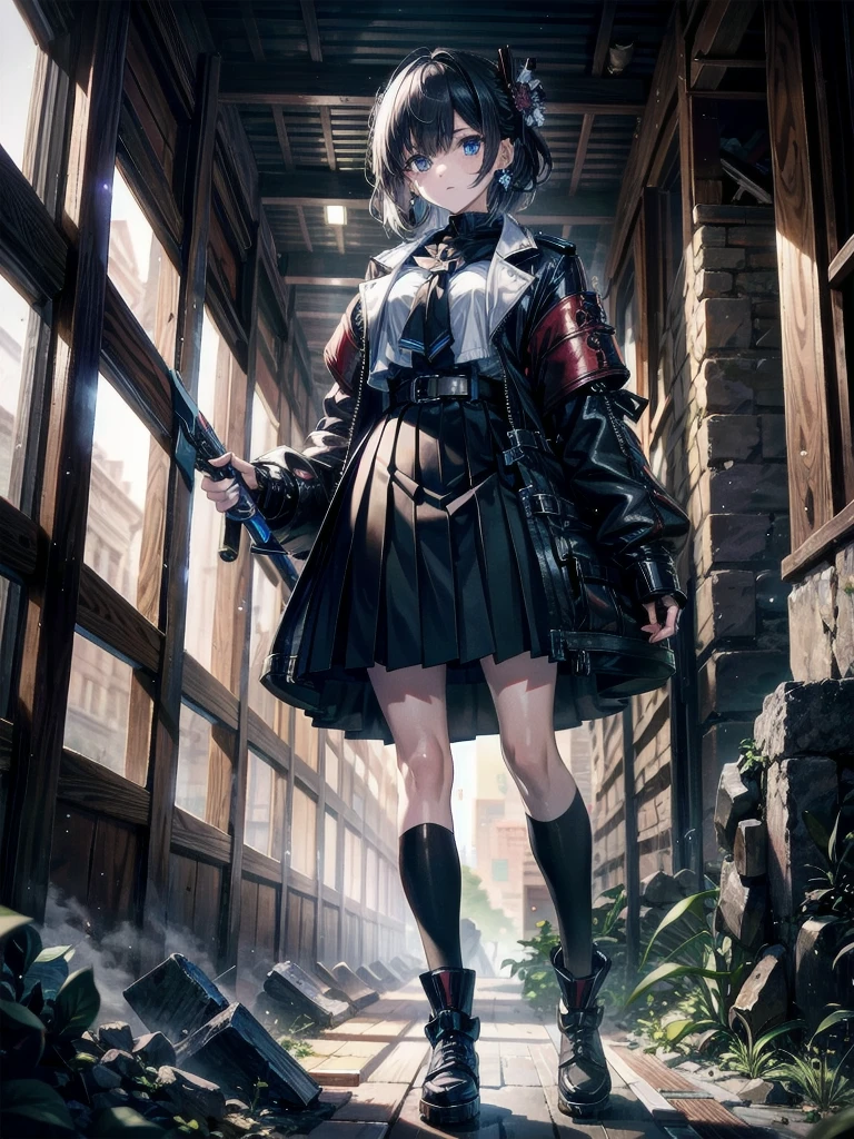 whole body, long blue great sword, Ruins, tech boots, black jacket, samurai, school_uniform, absurdres, RAW photo, extremely delicate and beautiful, masterpiece, Best Quality, ultra high resolution, 32k, hyperrealistic, ultra-detailed, detailed description, pale skin, 20 years old, detailed beautiful face and eyes, tearful mole, earring, Colossal tits, short medium hair, wavy hair,