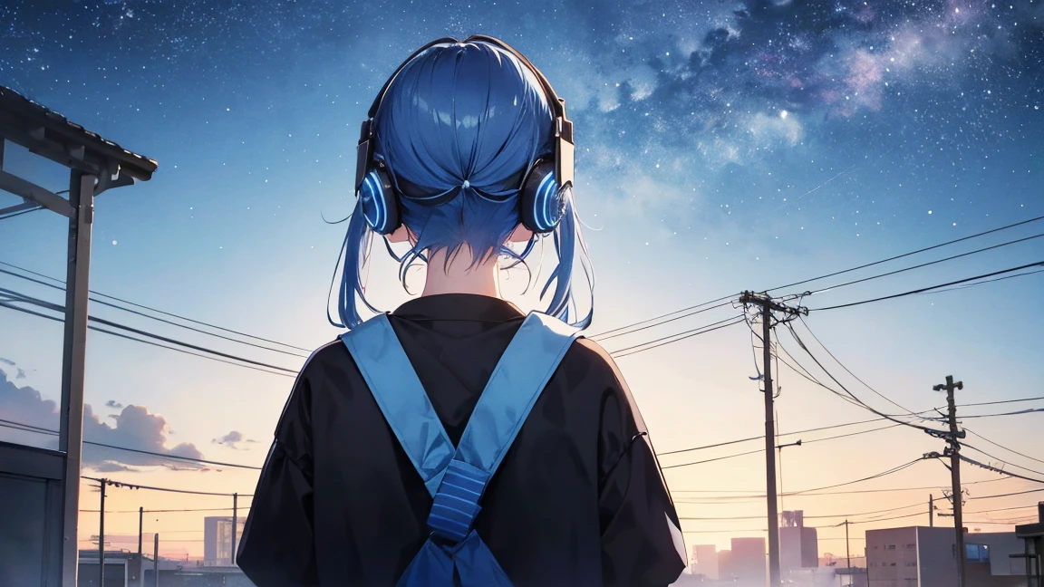 Building roof　Blue Hair、、The starry sky fills the screen.、女の子のBack view。Woman wearing headphones 4k, sad,、Bowwater&#39;Art Style、Beautiful digital illustrations、Beautiful character drawings、Stunning Anime Face Portrait Mikudayo, Official artwork, LOFI Girl, Art Styleを鑑賞,, Halfbeak, Anime atmosphere, A mix of anime style and Fujifilm, Digital anime illustration, anime wallpaper 4k　ヘッドフォンをつけた少女 Blue Hairの女性　Put on headphones;　　　High resolution　high quality　Beautiful and realistic sky　The sky is the main character　Back view　Back view　The scenery is the main thing　The scenery is the main thing　Emotional　lofi old camera film　deep　3D