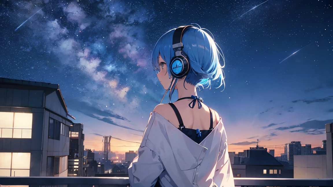 Building roof　Blue Hair、、The starry sky fills the screen.、女の子のBack view。Woman wearing headphones 4k, sad,、Bowwater&#39;Art Style、Beautiful digital illustrations、Beautiful character drawings、Stunning Anime Face Portrait Mikudayo, Official artwork, LOFI Girl, Art Styleを鑑賞,, Halfbeak, Anime atmosphere, A mix of anime style and Fujifilm, Digital anime illustration, anime wallpaper 4k　ヘッドフォンをつけた少女 Blue Hairの女性　Put on headphones;　　　High resolution　high quality　Beautiful and realistic sky　The sky is the main character　Back view　Back view　The scenery is the main thing　The scenery is the main thing　Emotional　lofi old camera film　deep　3D