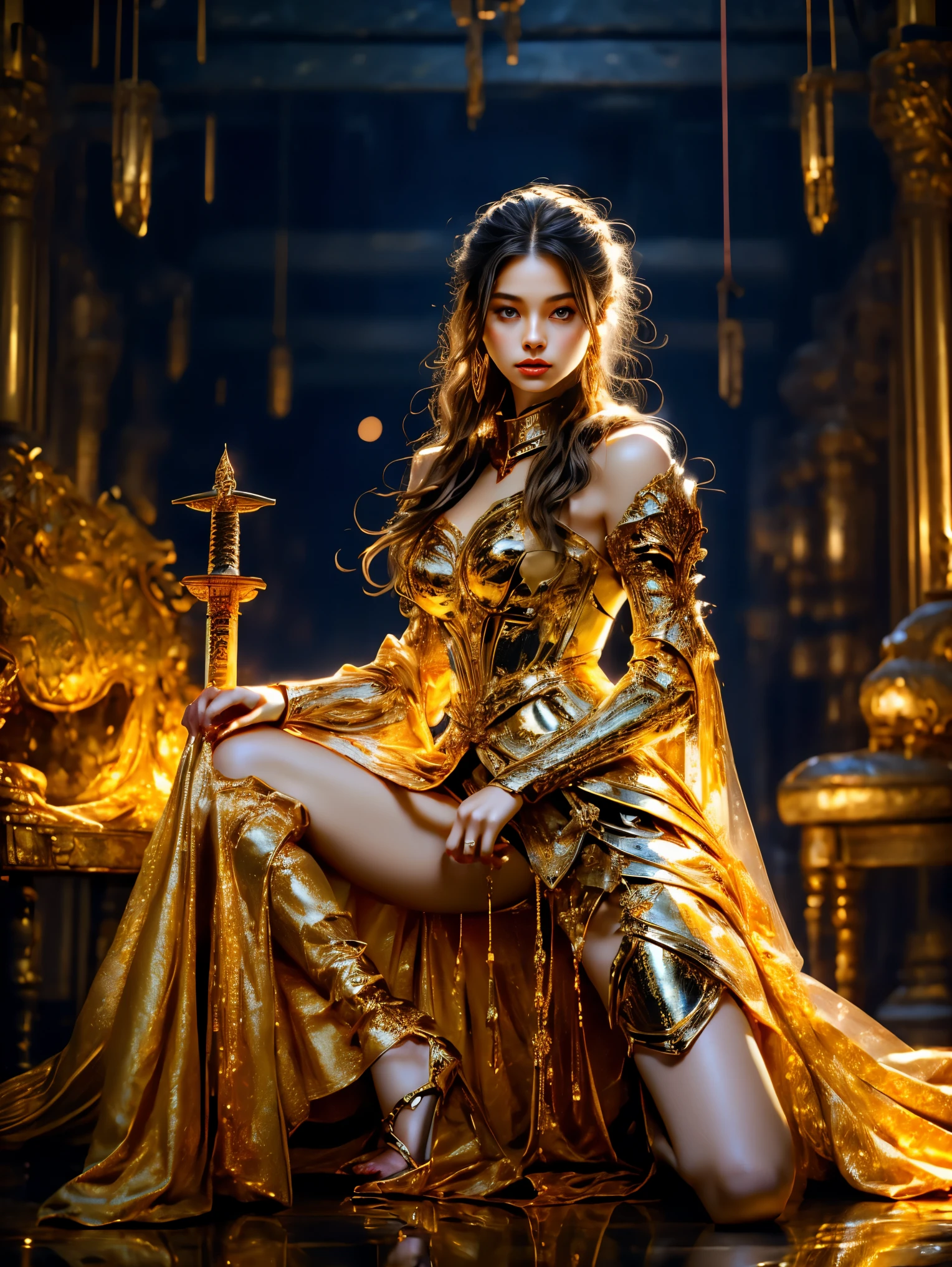 Painting of a woman in armor holding a sword,Golden Armor,Beautiful female knight,Light gold,Gold Obsidian Armor,golden goddess athena,Smooth golden armor,(Knee Shot:1.5),Sexy,blue eyes,Extra large breasts,Pointy huge breasts gorgeous jewelry,Lips slightly open,Keep your lips elegant and charming,(blush),Contempt,Calm and handsome,oc rendering reflection texture,Sexy风格,Medieval Castle Background,Slim body,Very small waist,(erect nipples see trough dress),masterpiece,best quality,high resolution,8K,original photo,real picture,Digital Photography,(UHD, anatomically correct, textured skin, ccurate, award winning)