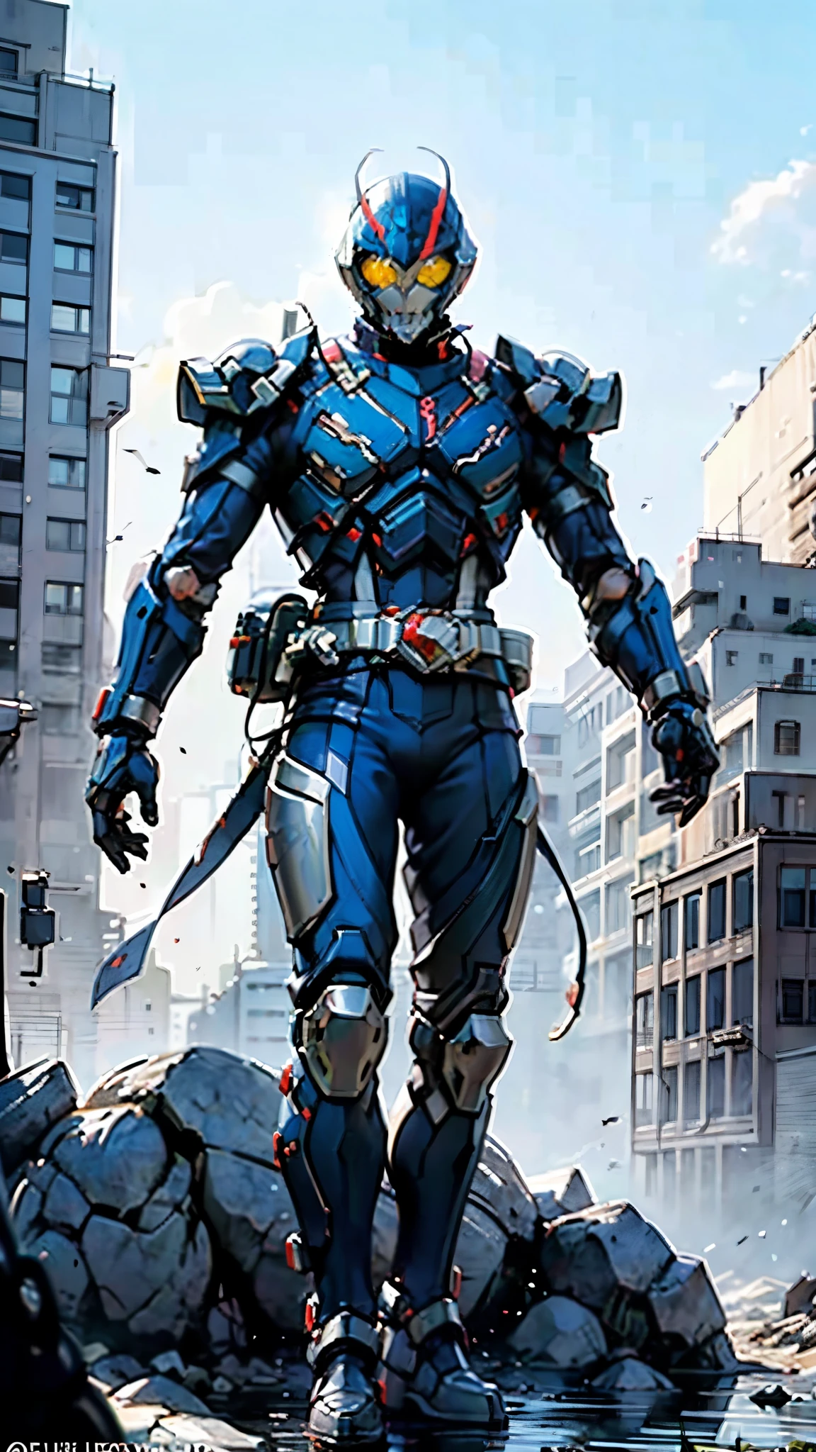 A man wearing a full-face helmet, a fantasy-style biomecha armored combat suit, green eyes, a composite layered chest armor, fully enclosed shoulder guards, matching arm and leg guards, the belt is adorned with dragon claw grasping orbs, (primarily black with red accents), the design balances heavy with agility, a high-tech biological armor, (Wolf concept Armor, stand on the top of a skyscraper in a futuristic sci-fi city), this character embodies a finely crafted fantasy-surreal style armored hero in anime style, exquisite and mature manga art style, (element, plasma, energy, the armor glows), ((male:1.5)), metallic, real texture material, dramatic, high definition, best quality, highres, ultra-detailed, ultra-fine painting, extremely delicate, professional, perfect body proportions, golden ratio, anatomically correct, symmetrical face, extremely detailed eyes and face, high quality eyes, creativity, RAW photo, UHD, 32k, Natural light, cinematic lighting, masterpiece-anatomy-perfect, masterpiece:1.5