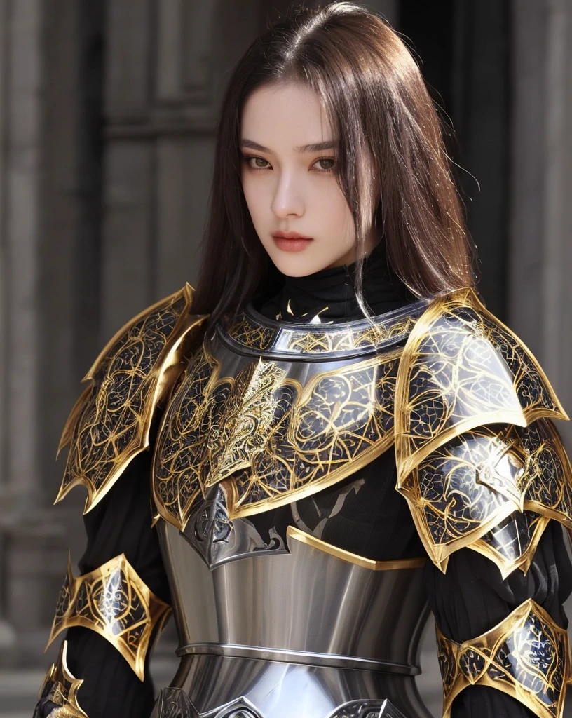 a close up of a woman in armor with a sword, stunning armor, wearing fantasy armor, very stylish fantasy armor, gold heavy armor. dramatic, beautiful armor, fantasy armor, black and gold armor, gothic armor, wearing ornate armor, intricate armour costumes, female armor, ornate gothic armor, ornate , wearing louis vuitton armor, girl in knight armor