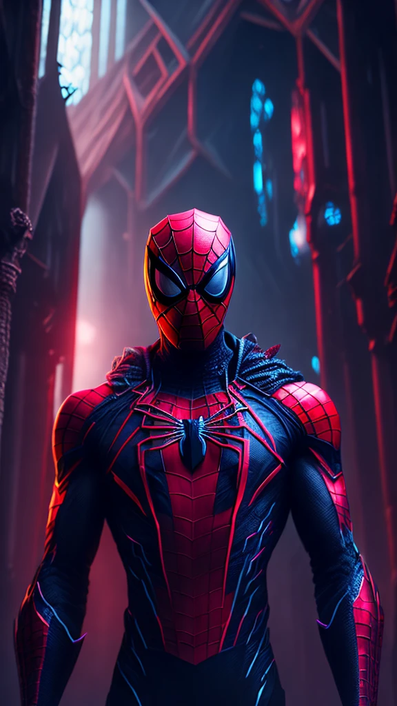 gloomy portrait of Bloody Spider-Man from Marvel with intricate angular cybernetic implants inside a brutalist building, gothic brutalist cathedral, cyberpunk, award-winning photo, bokeh, neon lights, cybernetic limb