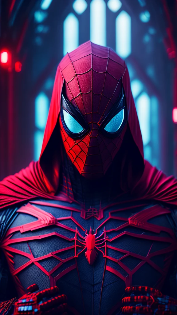 gloomy portrait of Bloody Spider-Man from Marvel with intricate angular cybernetic implants inside a brutalist building, gothic brutalist cathedral, cyberpunk, award-winning photo, bokeh, neon lights, cybernetic limb