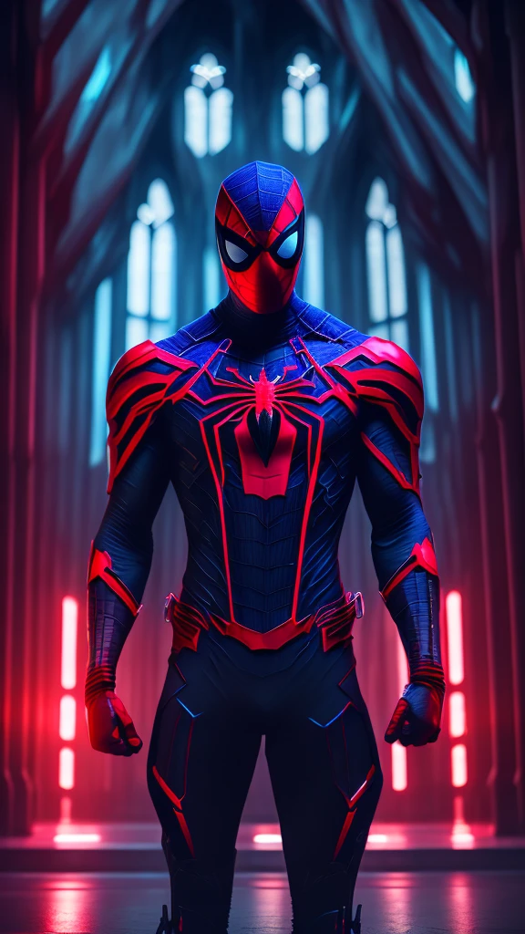 gloomy portrait of Bloody Spider-Man from Marvel with intricate angular cybernetic implants inside a brutalist building, gothic brutalist cathedral, cyberpunk, award-winning photo, bokeh, neon lights, cybernetic limb