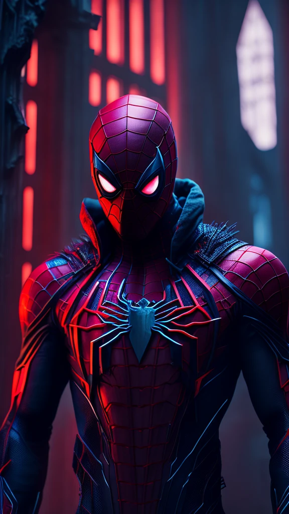 gloomy portrait of Bloody Spider-Man from Marvel with intricate angular cybernetic implants inside a brutalist building, gothic brutalist cathedral, cyberpunk, award-winning photo, bokeh, neon lights, cybernetic limb