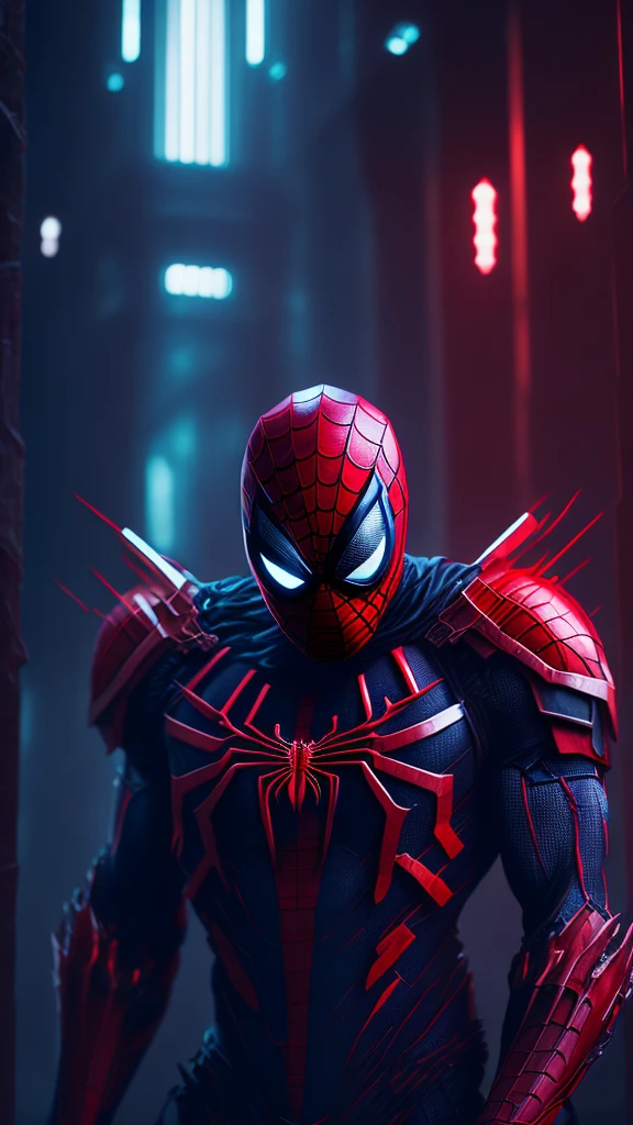 gloomy portrait of Bloody Spider-Man from Marvel with intricate angular cybernetic implants inside a brutalist building, gothic brutalist cathedral, cyberpunk, award-winning photo, bokeh, neon lights, cybernetic limb