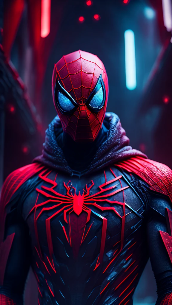 gloomy portrait of Bloody Spider-Man from Marvel with intricate angular cybernetic implants inside a brutalist building, gothic brutalist cathedral, cyberpunk, award-winning photo, bokeh, neon lights, cybernetic limb