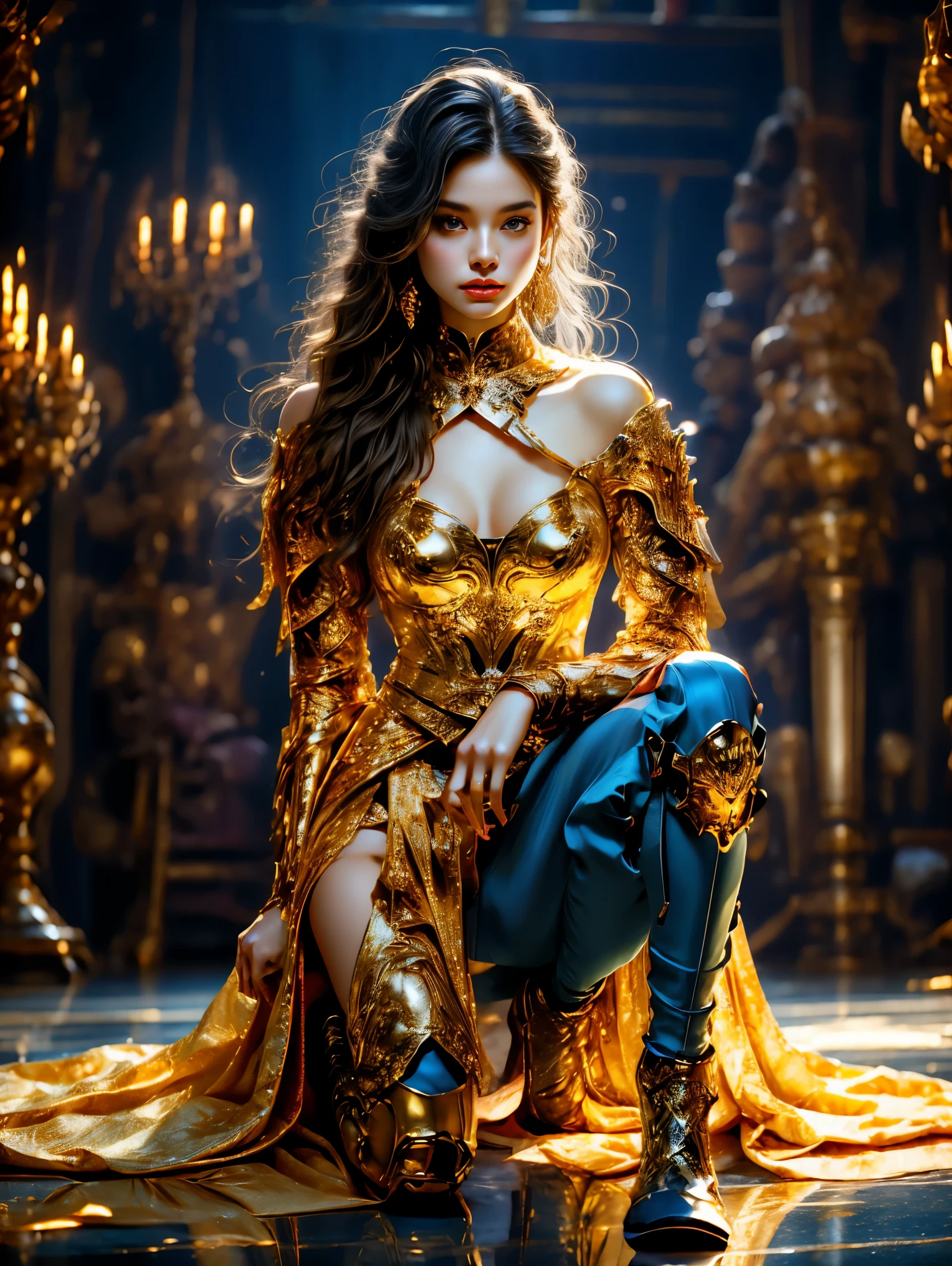 Painting of a woman in armor holding a sword，Golden Armor，Beautiful female knight，Light gold，Gold Obsidian Armor，golden goddess athena，Smooth golden armor，(Knee Shot:1.5)，Sexy，blue eyes，Extra large breasts，Pointy huge breasts gorgeous jewelry，Lips slightly open，Keep your lips elegant and charming，(blush)，Contempt，Calm and handsome，oc rendering reflection texture，Sexy风格，Medieval Castle Background，Slim body，Very small waist，(erect nipples see trough dress)，masterpiece，best quality，high resolution，8K，original photo，real picture，Digital Photography，(UHD, anatomically correct, textured skin, ccurate, award winning)