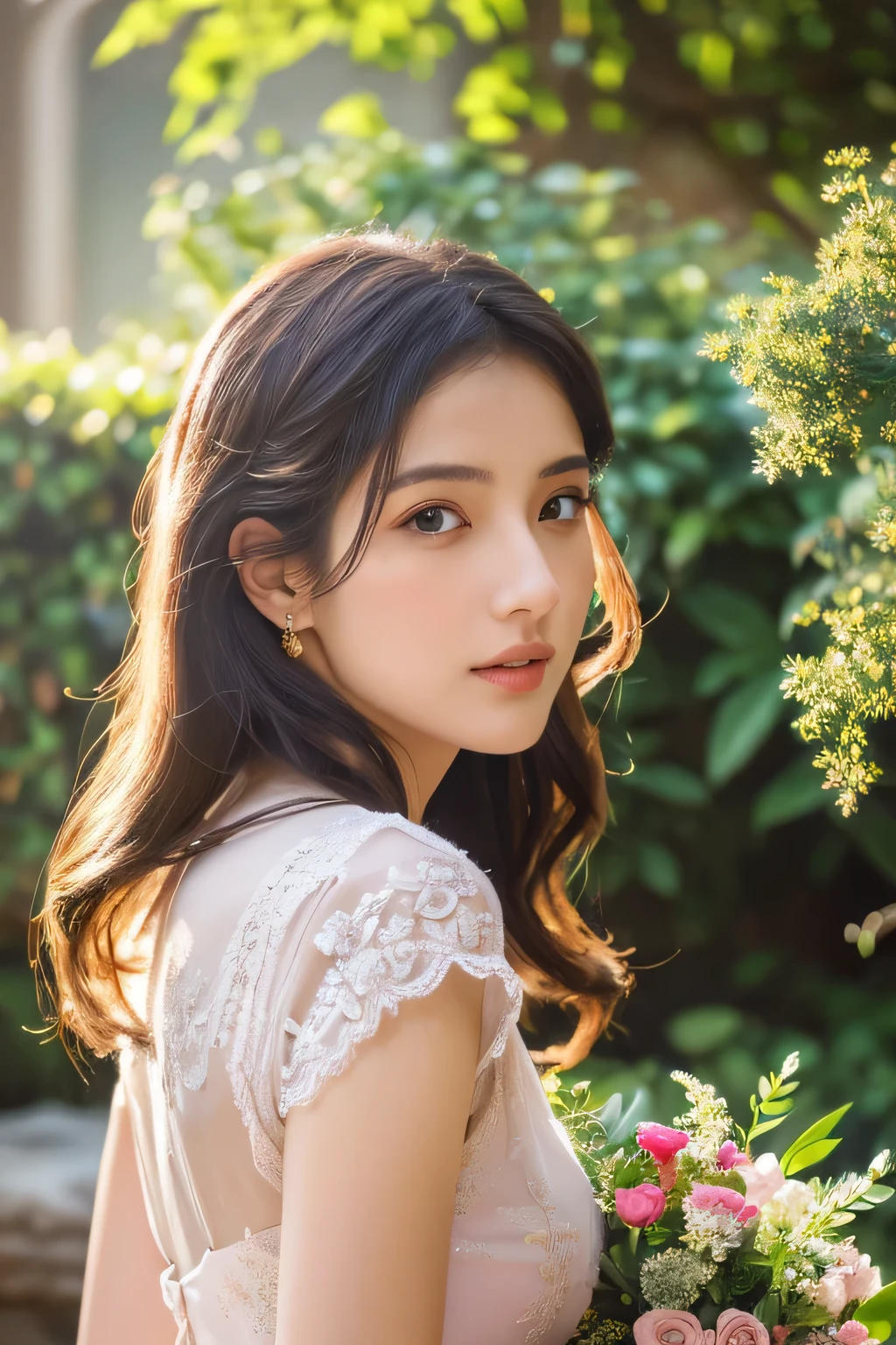 stunningly beautiful girl with (best quality,highres,masterpiece:1.2)ultra-detailed,(realistic,photorealistic,photo-realistic:1.37) facial features, clear and radiant skin, piercing eyes that seem to reflect the world, long curly lashes that give a glamorous touch to her gaze.
She is dressed in an exquisite (best quality,highres,masterpiece:1.2)ultra-detailed,(realistic,photorealistic,photo-realistic:1.37) satin gown with delicate lace embroidery, the fabric draping gracefully and emphasizing her graceful figure. The gown is a mesmerizing blend of colors, with hints of deep purple and vibrant gold, adding an air of royalty and elegance to her presence.
Around her, a lush garden blooms with vibrant, (best quality,highres,masterpiece:1.2)ultra-detailed,(realistic,photorealistic,photo-realistic:1.37) flowers in various shades of pink, purple, and blue. The flowers sway gently in the breeze, their petals delicately textured, giving a sense of life and movement to the scene.
The sunlight filters through the foliage, creating a soft, warm glow that bathes the girl and the garden in a (best quality,highres,masterpiece:1.2)ultra-detailed,(realistic,photorealistic,photo-realistic:1.37) golden light. The light gently dances on the girl's hair and illuminates her face, highlighting her natural beauty.
In the distance, a majestic waterfall cascades down a rocky cliff, its sparkling waters adding a sense of tranquility to the scene. The sound of water falling and birds singing fills the air, creating a peaceful atmosphere that invites serenity and contemplation.
The overall color palette is a blend of soft pastels, with pops of vibrant colors from the flowers, creating a harmonious and visually pleasing composition. The scene is (best quality,highres,masterpiece:1.2)ultra-detailed,(realistic,photorealistic,photo-realistic:1.37), capturing every intricate detail and creating a sense of realism that draws the viewer into the artwork.
Through the combination of exquisite artistry,