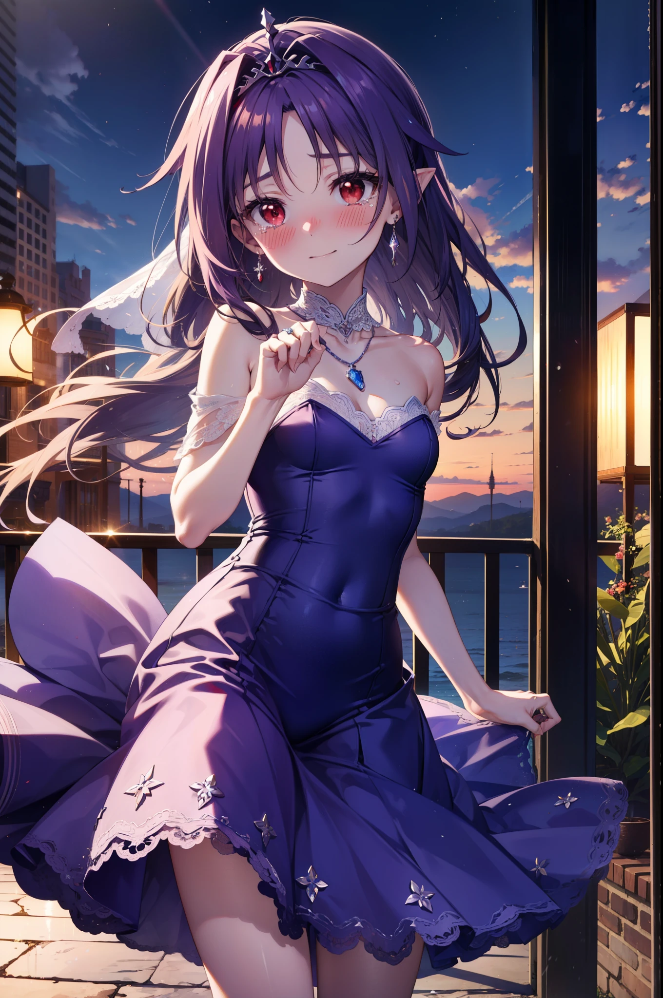yuukikonno, Konno Yuuki,Long Hair, tiara,Pointed Ears, Purple Hair, (Red eyes:1.5), (Small breasts:1.2), smile,Purple Dress,Purple Long Skirt,Purple stiletto heels,Sleeveless,Expose your shoulders,Bare arms,Bare neck,bare clavicle,He holds his left hand out in front of him and wears a wedding ring on his ring finger.,Heart Necklace,Tears stream down her face,Tears of joy,I cry a lot,Romantic night view,moonlight,
break outdoors, hill,
break looking at viewer, (Cowboy Shot:1.5),
break (masterpiece:1.2), highest quality, High resolution, unity 8k wallpaper, (shape:0.8), (Beautiful details:1.6), Highly detailed face, Perfect lighting, Extremely detailed CG, (Perfect hands, Perfect Anatomy),
